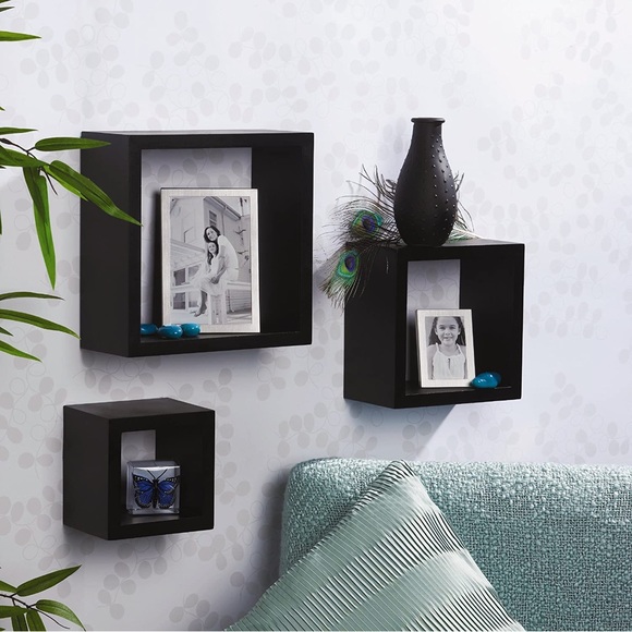 Square Wooden Shelves in Black - Picture 3 of 5